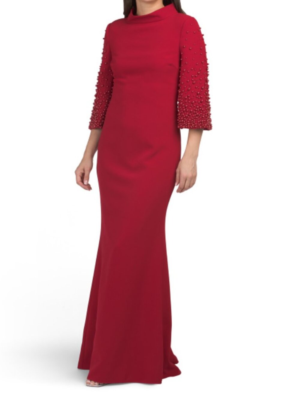 BADGLEY MISCHKA Faux Pearl Sleeve Mock Neck Gown